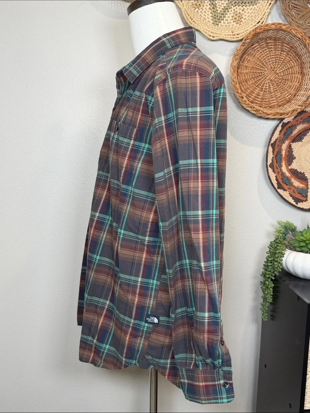 Mens The North Face Button Up Shirt Blue Brown Turquoise Plaid Size X-Large